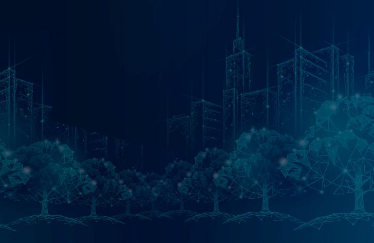 Wireframe trees and buildings.