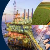 Trio of images depicting Oil rig in Ocean, Tractor working in field and map signage on glass building
