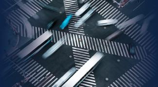 Blur motioin concept.Aerial view car move fast on pedestrian crosswalk in modern city