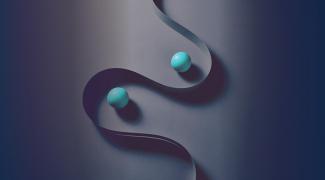 Curved Paper Stripe and Spheres on Red Colored Background.