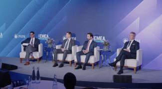 A panel from the 2022 PGIM EMEA Investor Forum with Matthew Harvey from PGIM Capital Partners, Eduard Lemle from Montana Capital Partners, and Andrew Radkiewicz from PGIM Real Estate moderated by Shehriyar Antia, Head of Thematic Research.