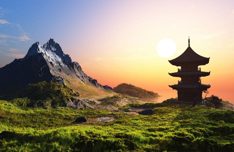 China sunset with mountains