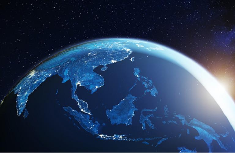 Southeast Asia from space at night with city lights showing South East Asian cities 