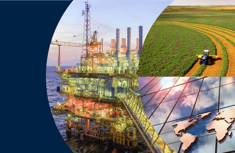Trio of images depicting Oil rig in Ocean, Tractor working in field and map signage on glass building