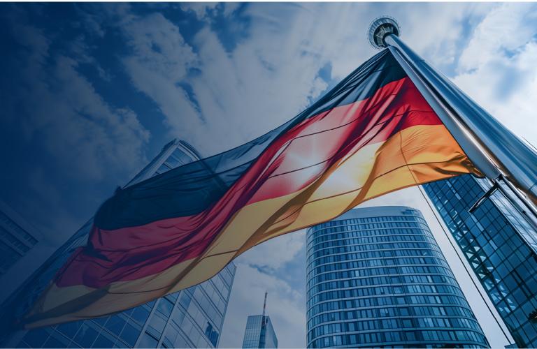 Germany national flag and government building with skyscrapers.
