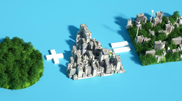 A 3D equation showing trees plus cities equals trees and cities, meant to convey the importance of ESG engagement.