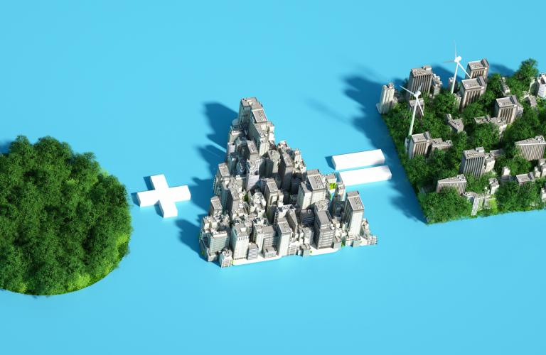 A 3D equation showing trees plus cities equals trees and cities, meant to convey the importance of ESG engagement.