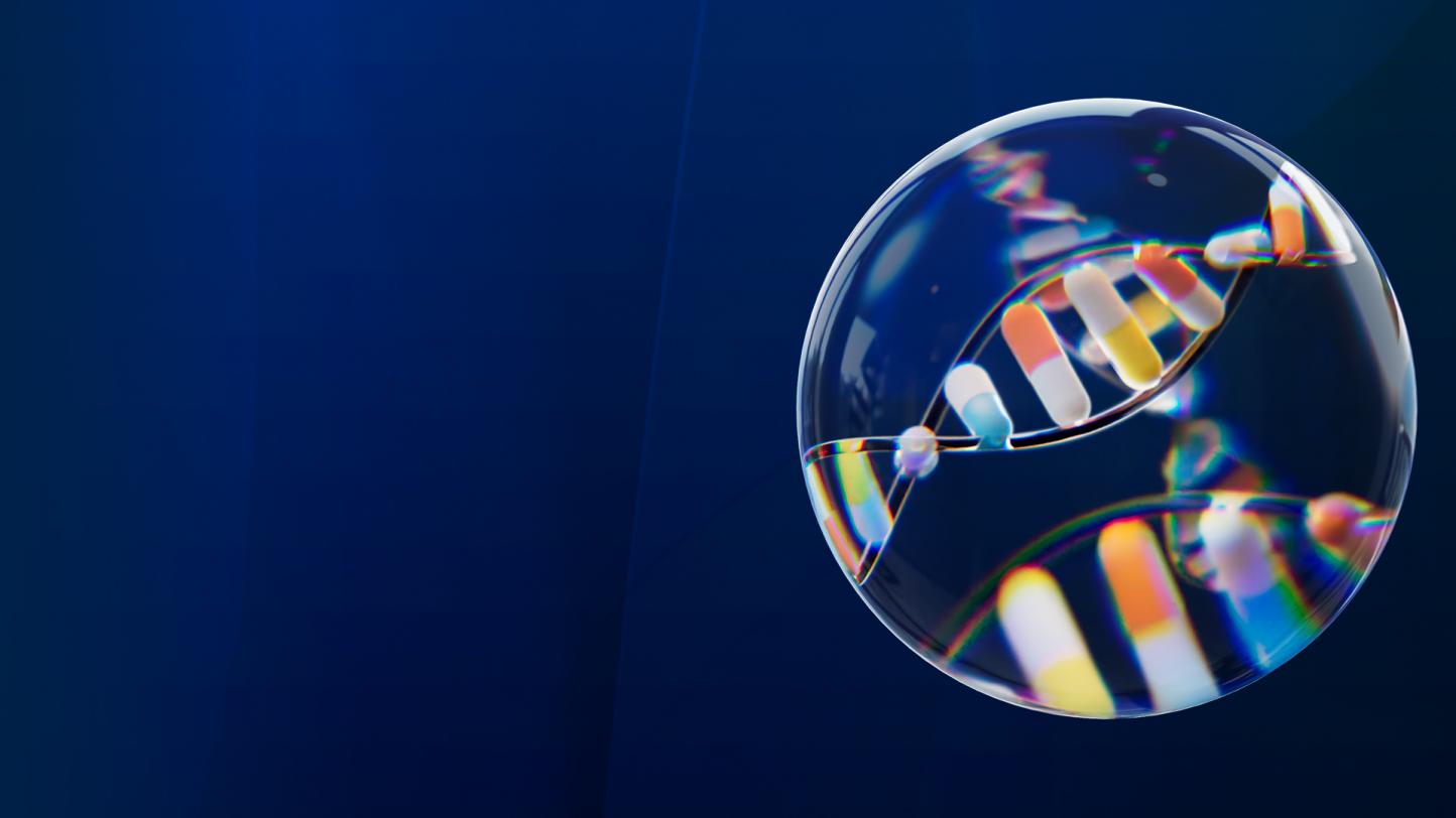 Double helix of DNA inside bubble on navy background