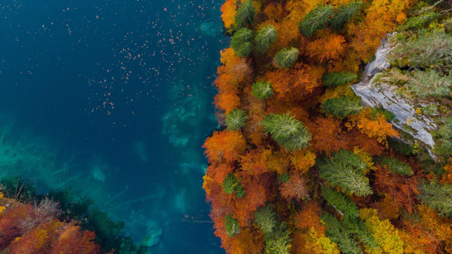 Green mountain and water